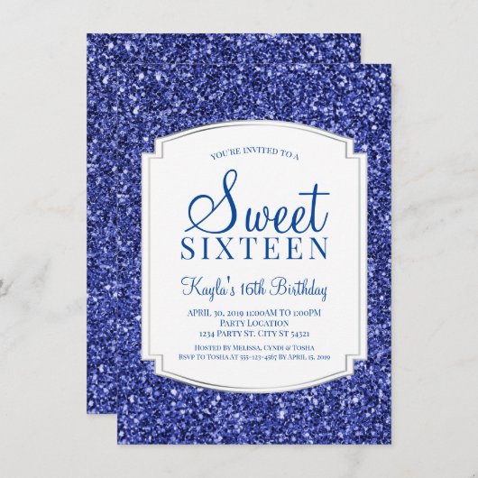 Royal Blue Parties scintillant Sweet 16 Invitation (Devant / Derrière)