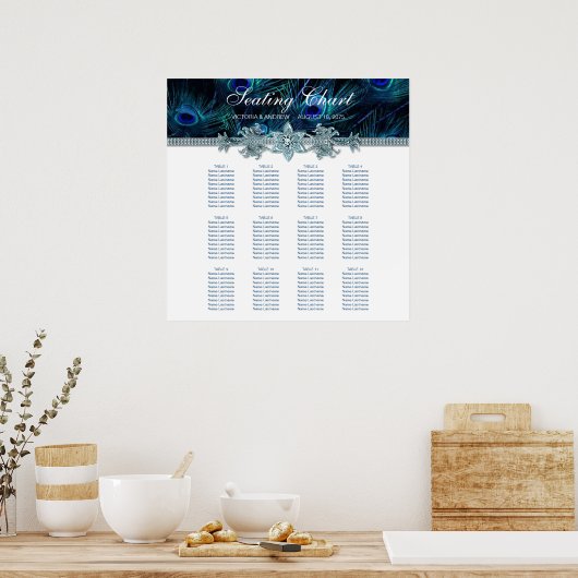 Royal Blue Peacock Wedding Seating Chart Poster (Keuken)