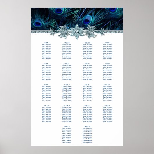 Royal Blue Peacock Wedding Seating Chart Poster (Voorkant)