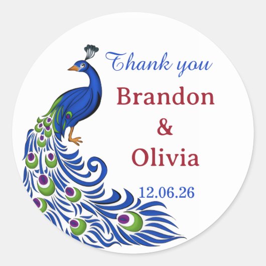Royal Blue Peacock Wedding Stickers & Labels (Devant)