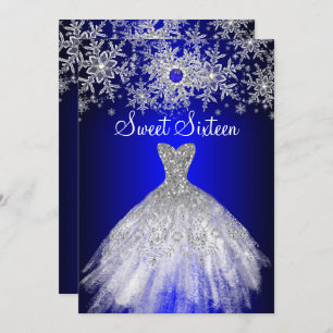 Royal Blue Pearl Silver Dress Snowflake Sweet 16 Kaart