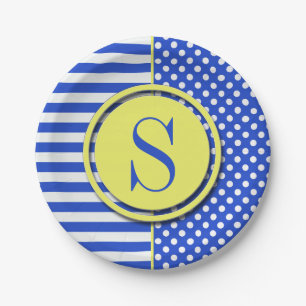 Royal Blue Polka Dots en Stripes-Monogram STaylor Papieren Bordje