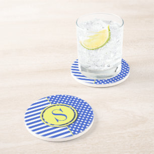 Royal Blue Polka Dots en Stripes-Monogram STaylor Zandsteen Onderzetter