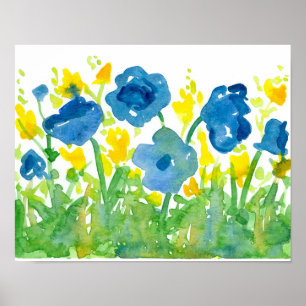 Royal Blue Poppies Yellow Wildflower Waterverf Poster