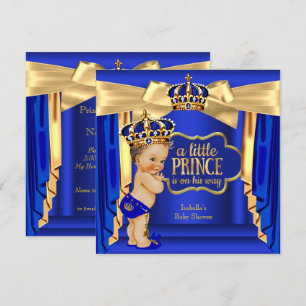 Royal Blue Prince Baby shower Gold Crown Brunette Kaart