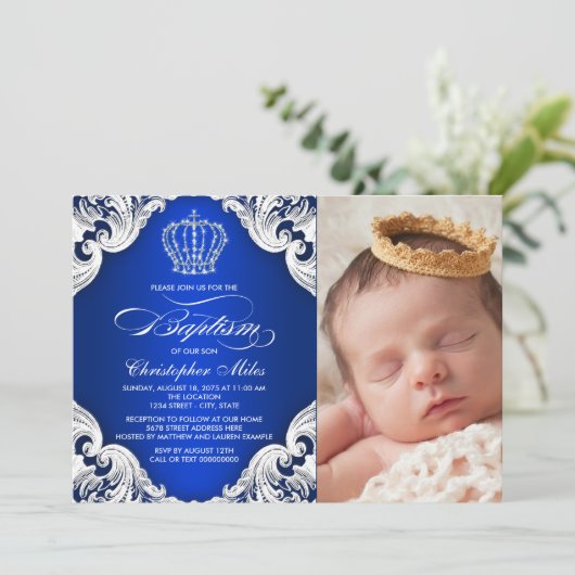 Royal Blue Prince Baptême Invitations (Debout devant)