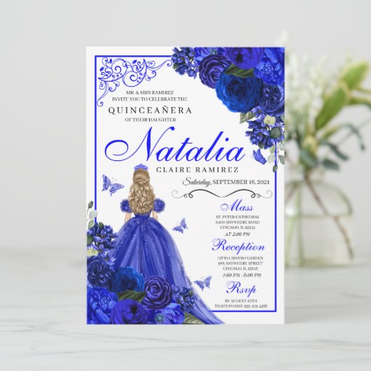 Royal Blue Prinses & Vlinders Quinceañera Kaart (Staand voorkant)
