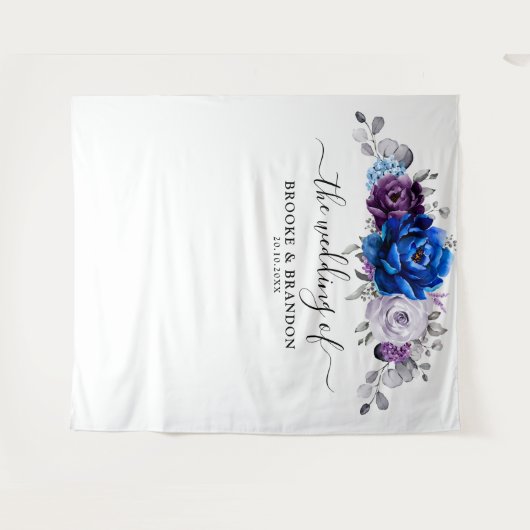 Royal Blue Purple Lilac Blooms Wedding Backdrop Wandkleed (Voorkant (horizontaal))