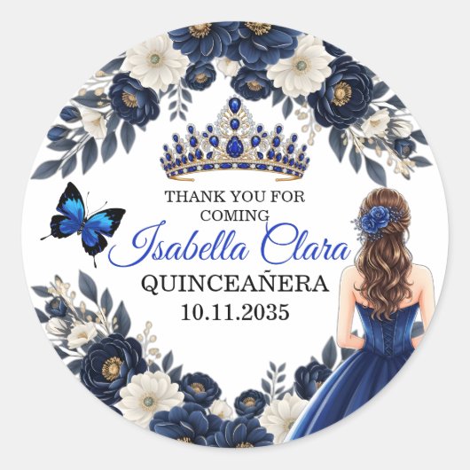 Royal Blue Quinceañera Butterfly Favor Sticker (Devant)