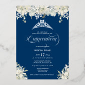Royal Blue Quinceañera Floral Gold Folie Uitnodiging (Voorkant)