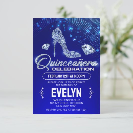 Royal Blue Quinceanera Sparkles Diamond Verjaardag Kaart (Staand voorkant)
