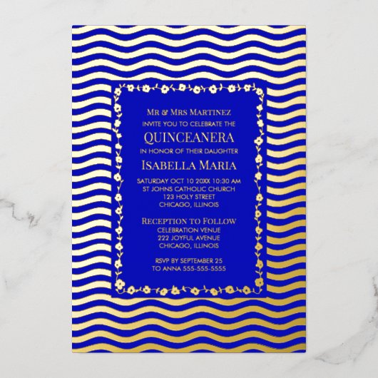 Royal Blue Quinceañera Uitnodiging Glam Sparkle Fu (Voorkant)