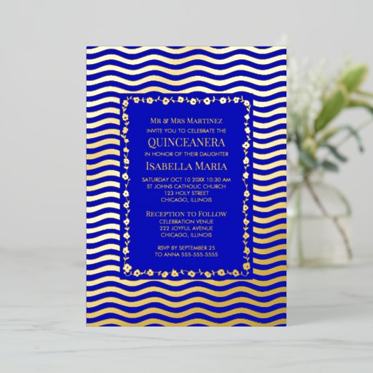 Royal Blue Quinceañera Uitnodiging Glam Sparkle Fu (Staand Voorkant)