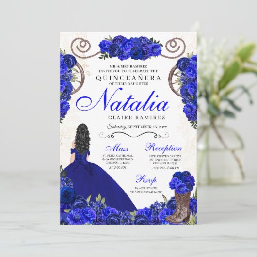 Royal Blue Ranchero Princess Quinceanera Kaart (Staand voorkant)