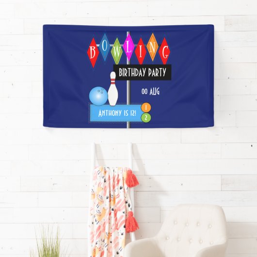 Royal Blue Retro Bowling Birthday Party Spandoek (Insitu)