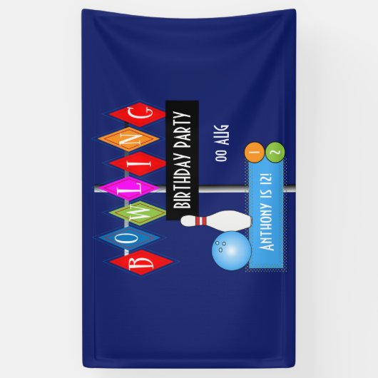 Royal Blue Retro Bowling Birthday Party Spandoek (Verticaal)