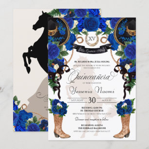 Royal Blue Roos & Black Western Charro Quinceanera Kaart