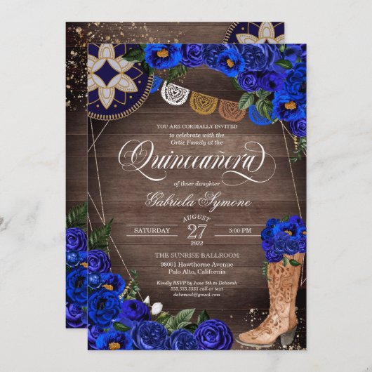 Royal Blue Roos Charra Cowgirl Western Quinceañera Kaart (Voorkant / Achterkant)