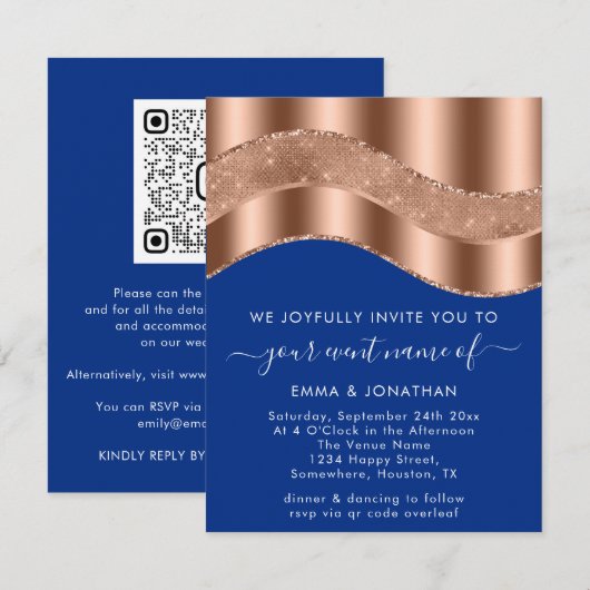 Royal Blue Roos Copper Border Wave QR Code Weddens (Voorkant / Achterkant)