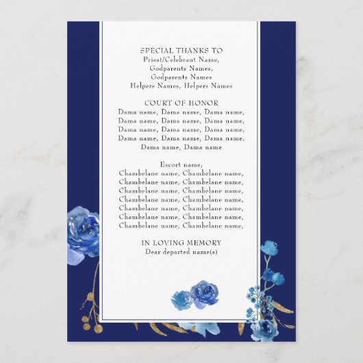 Royal Blue Roos en Elegant Gold Leaf Quinceanera Programma (Achterkant)