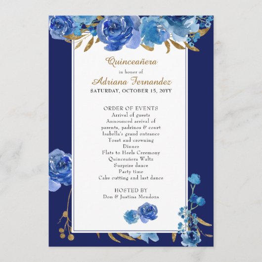 Royal Blue Roos en Elegant Gold Leaf Quinceanera Programma (Voorkant)