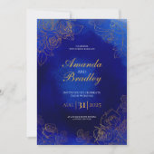 Royal Blue Roos Fancy Gold Lace QR Code Wedding Kaart (Voorkant)