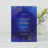 Royal Blue Roos Fancy Gold Lace QR Code Wedding Kaart (Staand voorkant)