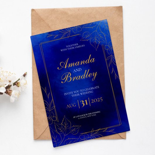 Royal Blue Roos Fancy Gold Lace QR Code Wedding Kaart