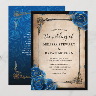 Royal Blue Roos Gold Black  Elegant Wedding Kaart
