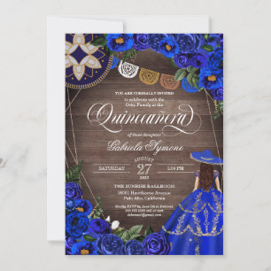 Royal Blue Roos Western Charro Rustic Quinceanera Kaart