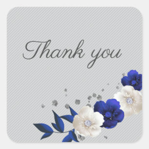 Royal Blue roos Wit Bloemen Grijs Bedankt Vierkante Sticker