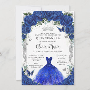 Royal Blue Rozen Bloemenjurk Quinceañera Silver Kaart