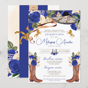 Royal Blue Rozen Fancy Western Charro Quinceanera Kaart