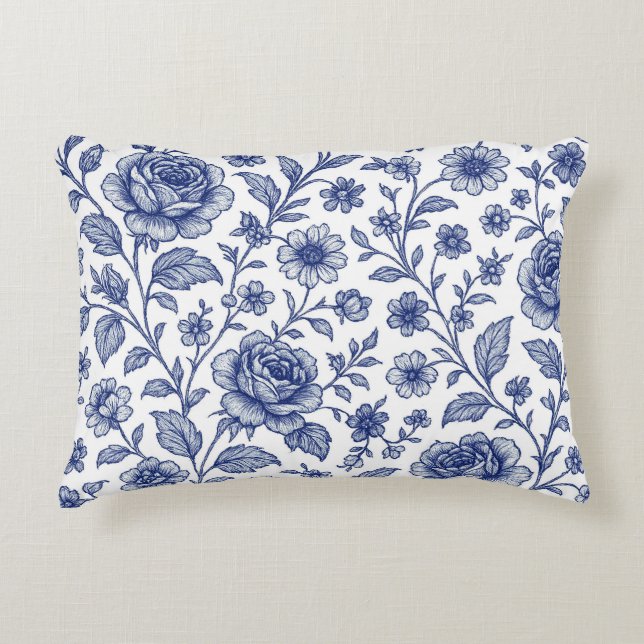 Royal Blue Rozen Floral Pattern Accent Kussen (Voorkant)