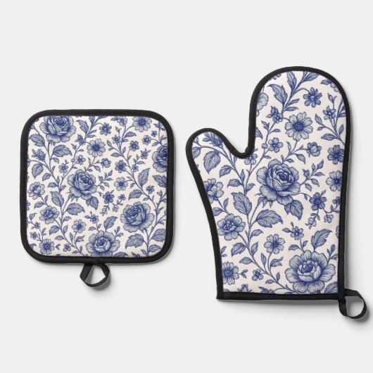 Royal Blue Rozen Floral Pattern Ovenwant & Pannenlap Set (Voorkant)