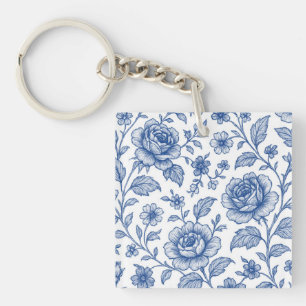 Royal Blue Rozen Floral Pattern Sleutelhanger