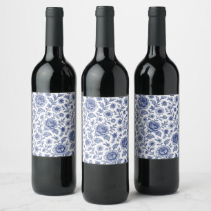 Royal Blue Rozen Floral Pattern Wijn Etiket