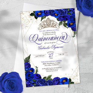 Royal Blue Rozen & Gold Tiara Elegant Quinceañera Kaart
