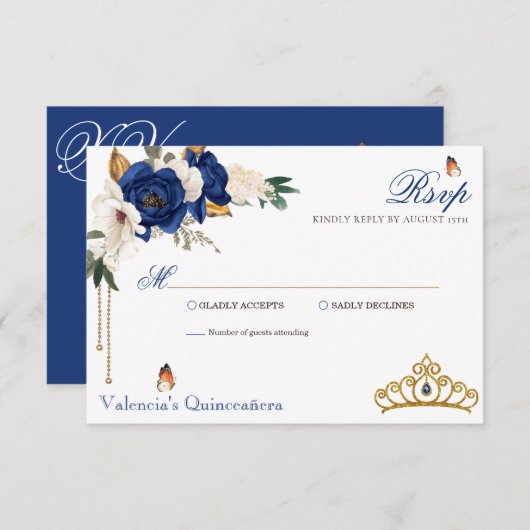 Royal Blue Rozen Gold Tiara Quinceanera RSVP Kaartje (Voorkant / Achterkant)