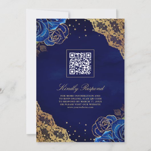 Royal Blue Rozen Goud Kant QR Code Moslim Bruiloft Kaart (Achterkant)