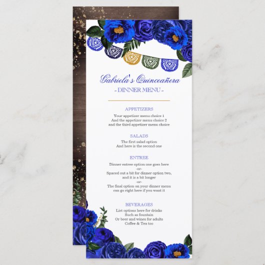 Royal Blue Rozen Rustic Western Charra Party Menu (Voorkant / Achterkant)
