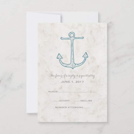 Royal Blue Rustic Anchor Wedding RSVP Kaart (Voorkant)