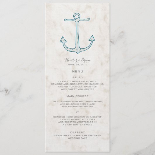 Royal Blue Rustic Ancre Menu Mariage (Devant)