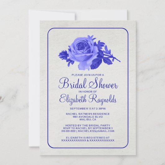 Royal Blue Rustic Floral Bridal Shower-uitnodiging Kaart (Voorkant)