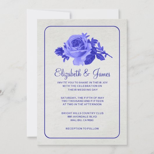 Royal Blue Rustic Floral/Flower Wedding Invitation Kaart (Voorkant)