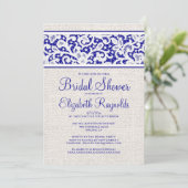 Royal Blue Rustic Linen Bridal Shower Invitations Kaart (Staand voorkant)