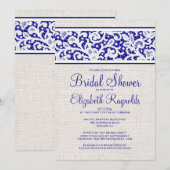 Royal Blue Rustic Linen Bridal Shower Invitations Kaart (Voorkant / Achterkant)