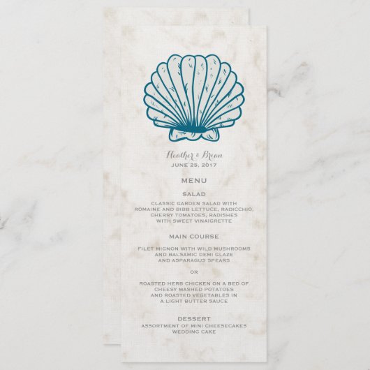 Royal Blue Rustic Seashell Wedding Menu (Voorkant / Achterkant)