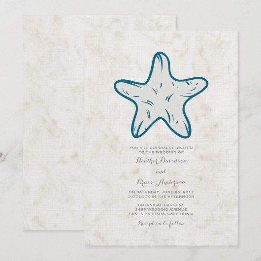 Royal Blue Rustic Starfish Mariage Invitation (Devant / Derrière)