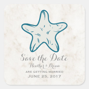 Royal Blue Rustic Starfish Save the Date Vierkante Sticker